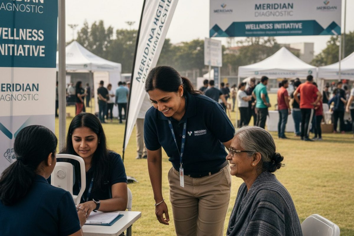 Meridian Diagnostic team assessing visitors at an outdoor wellness camp