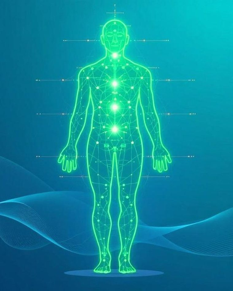 Illustration of the energy pathways and measuring points mapped across the human body
