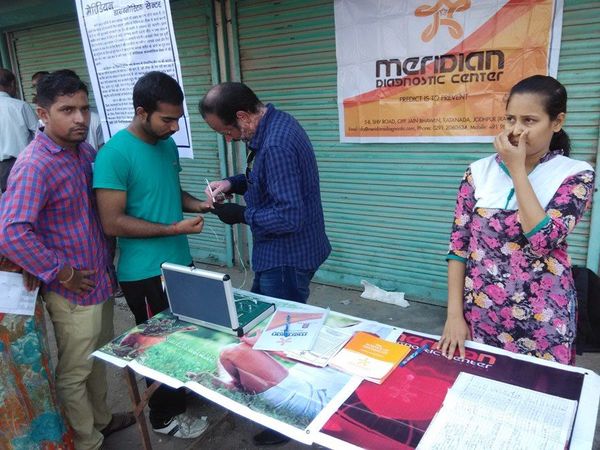 A street-side camp in Jodhpur, set up under the Meridian Diagnostic banner
