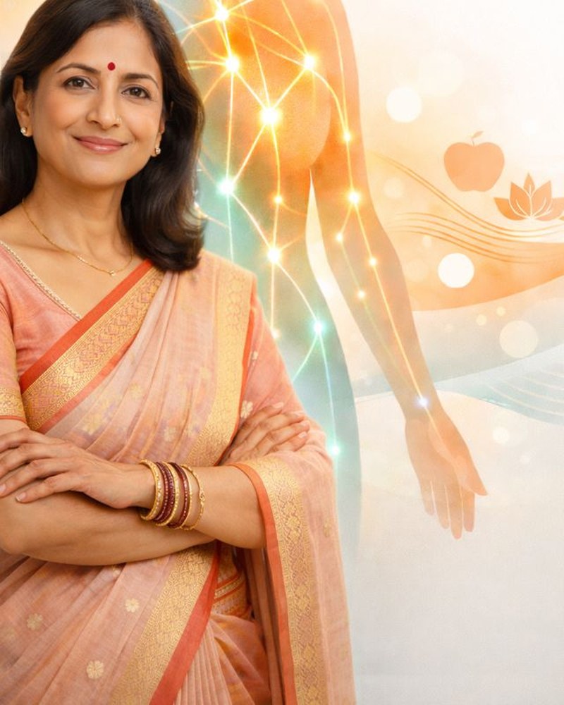 A woman standing in front of an illustration of the body's energy pathways