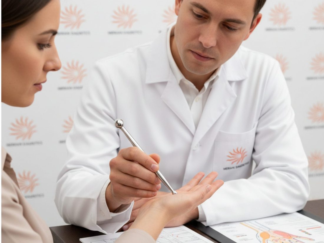 A practitioner conducting a meridian reading with a client